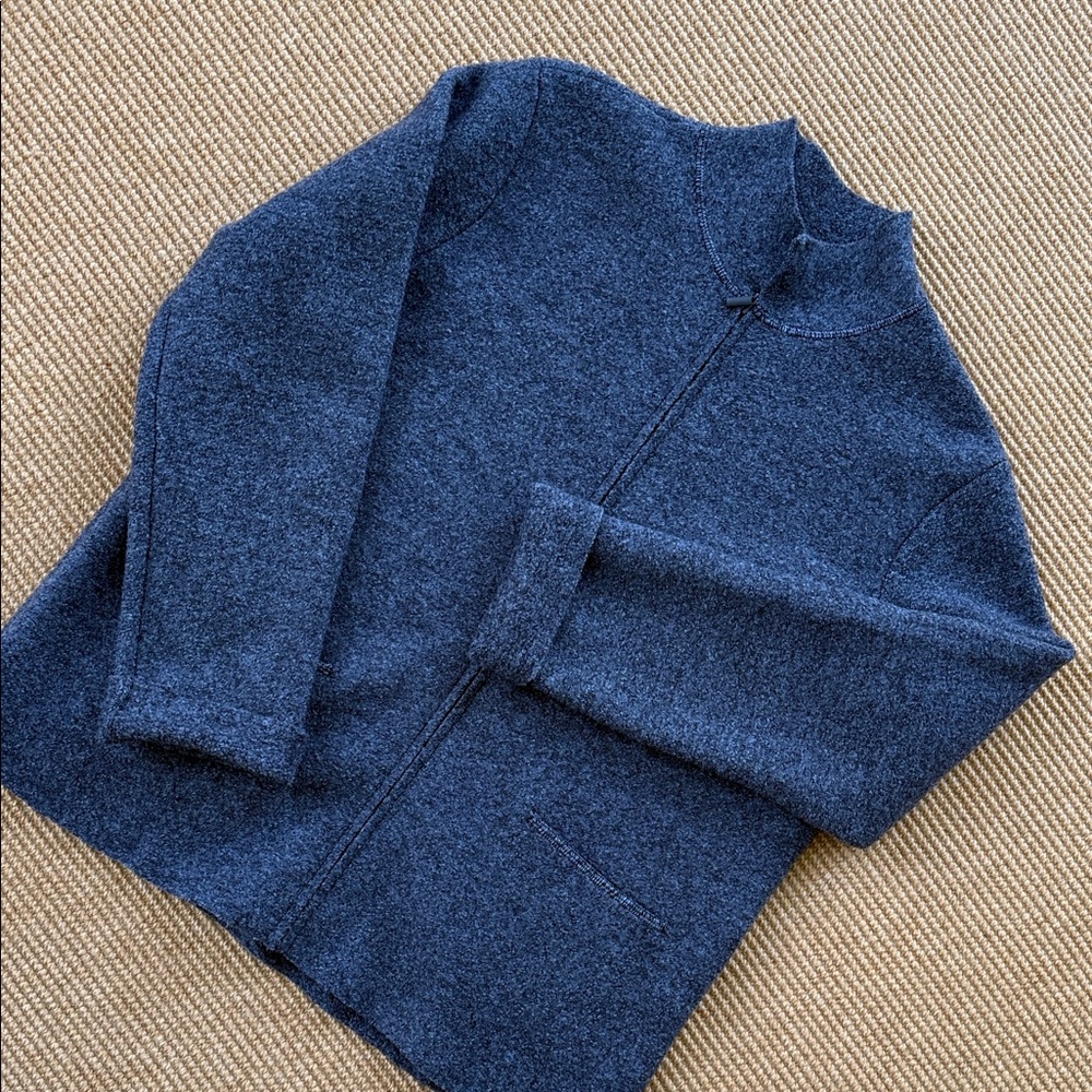 Eileen Fisher Blue Boiled Wool Stand Collar Zip
Front Sweater Jacket